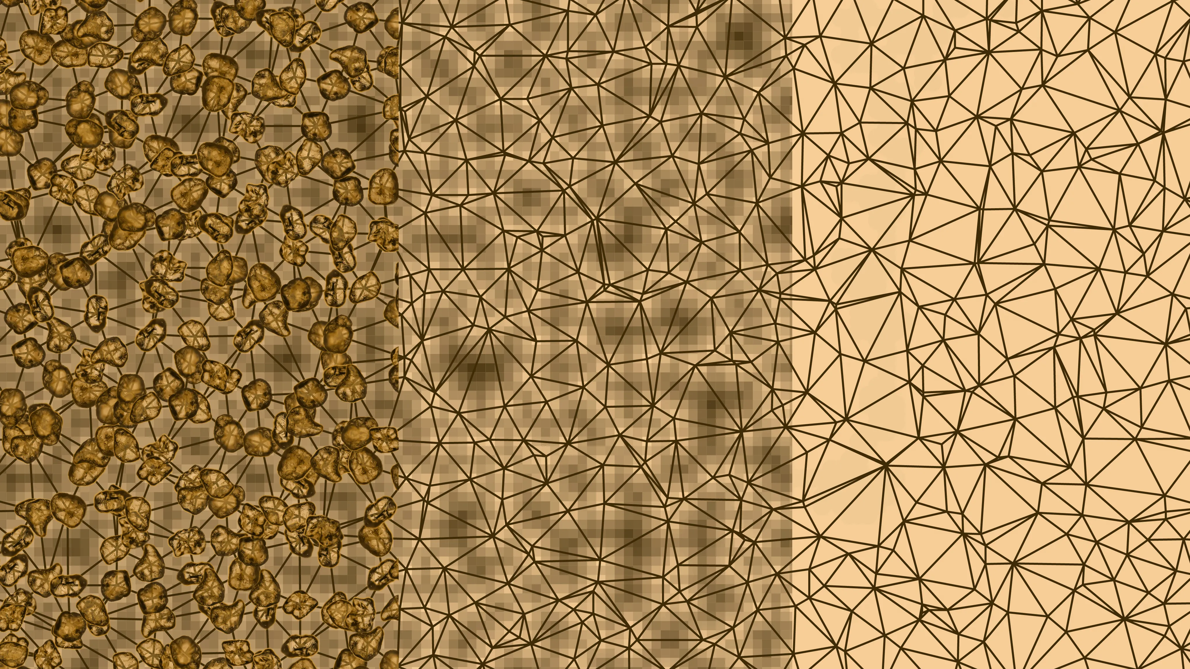 Three layers include grains, followed by a subgrid of cells, and delaunay triangles that help determine how the two overlap. delaunay triangles