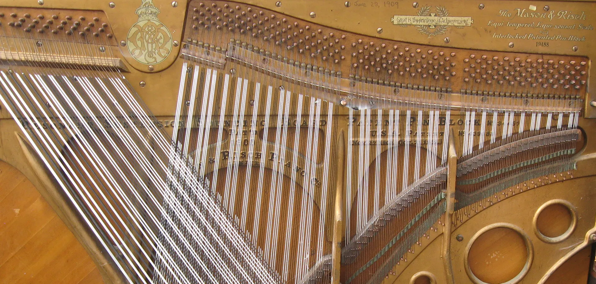 This piano celebrated its centennial anniversary on August 20th, 2009 as the centrepiece for an improvisational performance. The strings were painted to match the keys, which were removed with the action to reveal the iron harp. The Decomposing Pianos harp