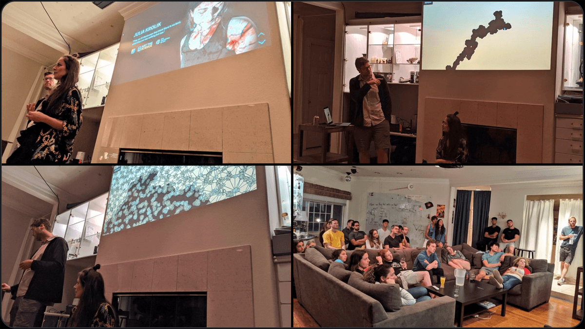 Owen Fernley and Julia Krolik presenting their work at the Rainbow Mansion, Cupertino, California